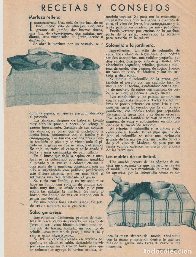 Coleccionismo de revistas y peri&oacute;dicos: * RECETAS COCINA * Merluza rellena; salsa genovesa; solomillo a la jardinera- 1936