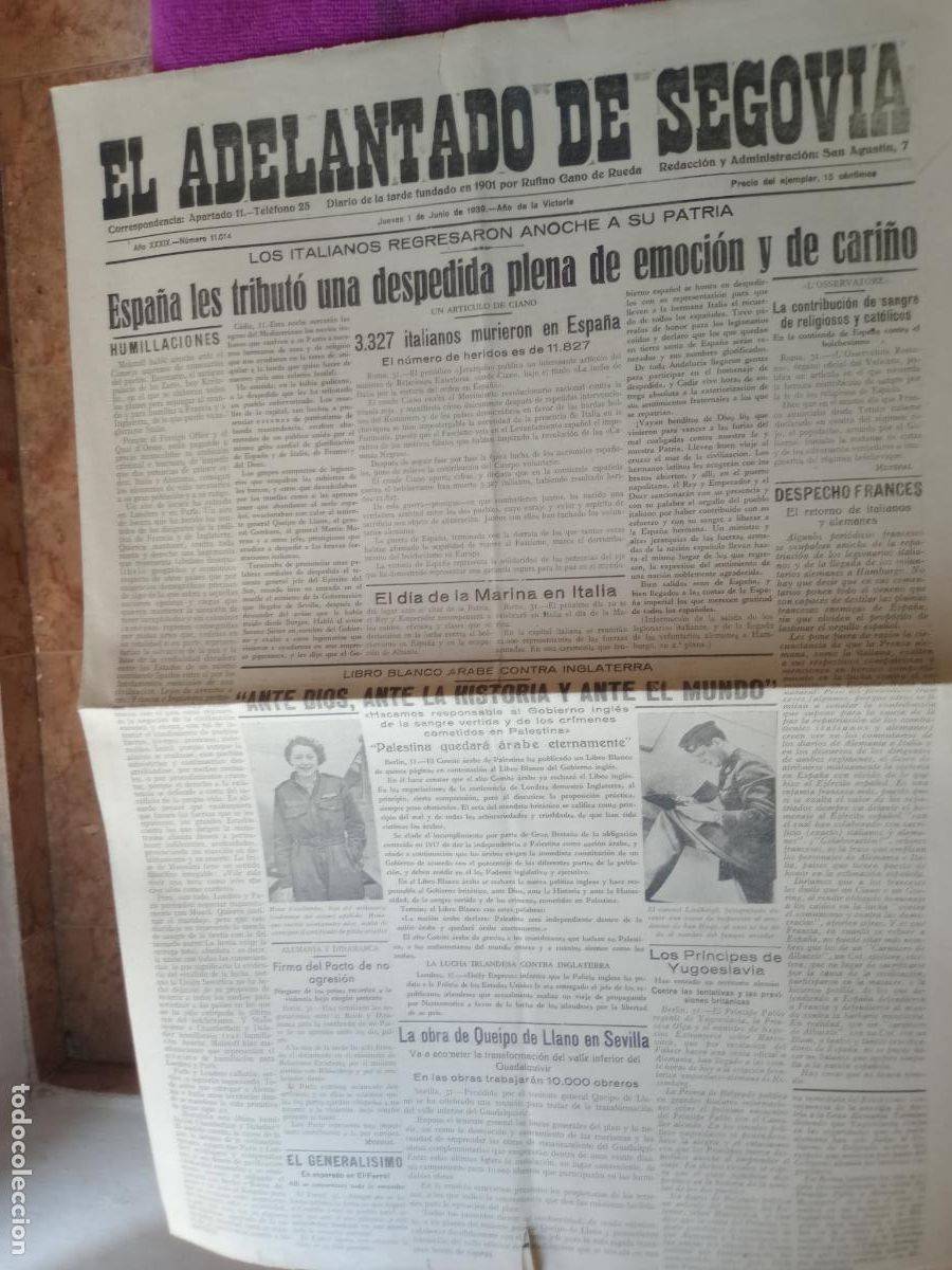 Coleccionismo de revistas y peri&oacute;dicos: El adelantado de Segovia de 1 de Junio de 1939