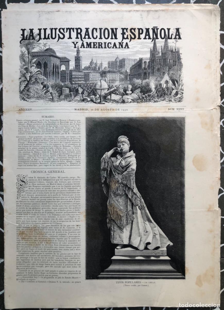 Coleccionismo de Revistas y Peri&oacute;dicos: ILU.ESPA&Ntilde;OLA Y AM.- 1880 - C&Aacute;DIZ(Catedral)-BARCELONA(Sta. &Aacute;gueda)-INGLATERRA(Locomotora aire comp.)