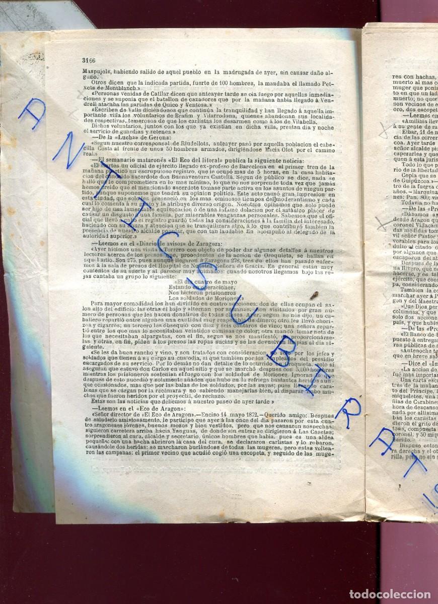 Coleccionismo de Revistas y Peri&oacute;dicos: PERIODICO A&Ntilde;O 1872 TERCERA GUERRA CARLISTA EN MONTBLANC CATLLAR VILARRODONA BRAFIM EIBAR MUELA MUGUE