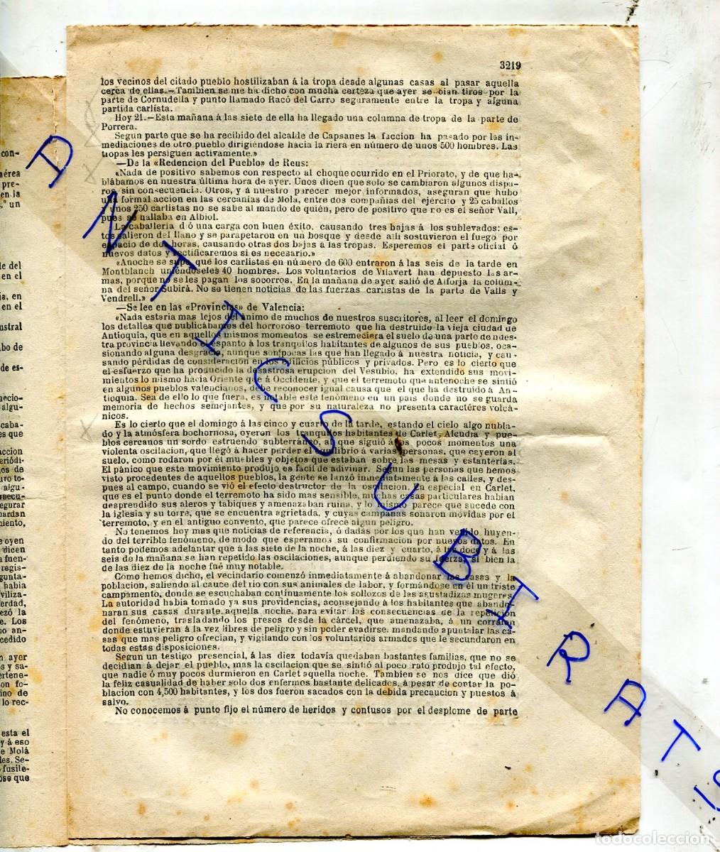 Collezionismo di Riviste e Giornali: PERIODICO A&Ntilde;O 1872 TERCERA GUERRA CARLISTA EN CARLET ALCUDIA ALGINET BENIMODO