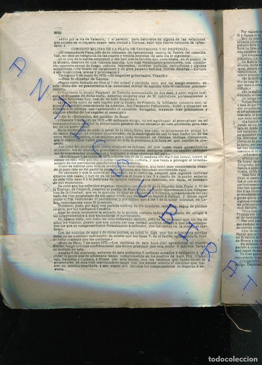 Collezionismo di Riviste e Giornali: PERIODICO A&Ntilde;O 1872 TERCERA GUERRA CARLISTA EN OLOT PUIGVERT DE TORETELLA VILASECA ESPLUGA FRANCOLI