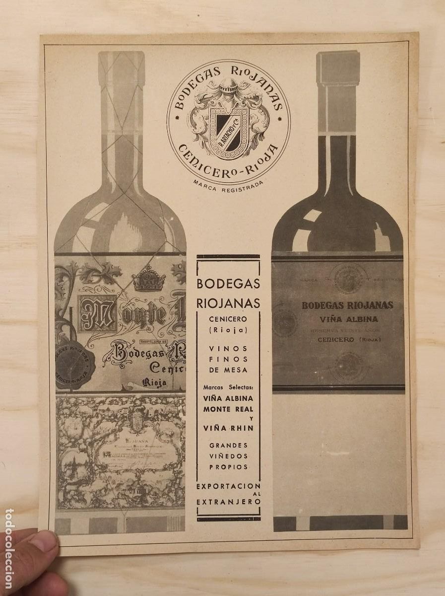 Coleccionismo de Revistas y Peri&oacute;dicos: HOJA PUBLICIDAD REVISTA ORIGINAL CIRCA 1938. BODEGAS RIOJANAS (CENICERO, RIOJA)