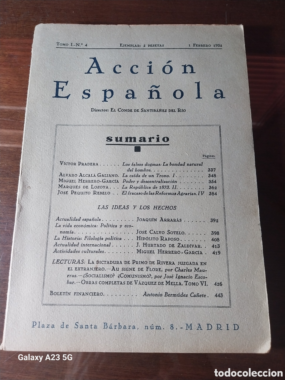 Sammeln von Zeitschriften und Zeitungen: ACCION ESPA&Ntilde;OLA N&deg; 4. A&Ntilde;O 1932. CALVO SOTELO PRADERA. MARQUES DE LOZOYA