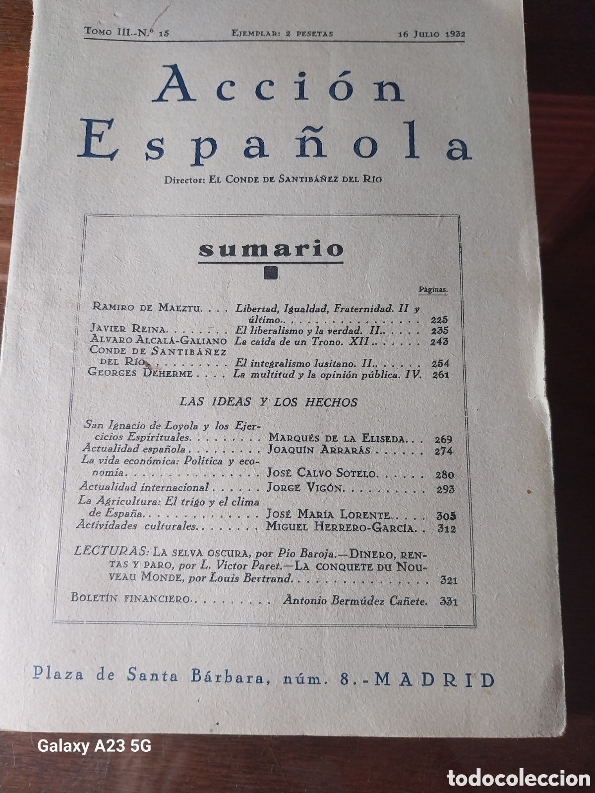 Collectionnisme de Revues et Journaux: ACCION ESPA&Ntilde;OLA N&deg; 15 .A&Ntilde;O 1932. MAEZTU MARQUES DE LA ELISEDA VIGON CALVO SOTELO