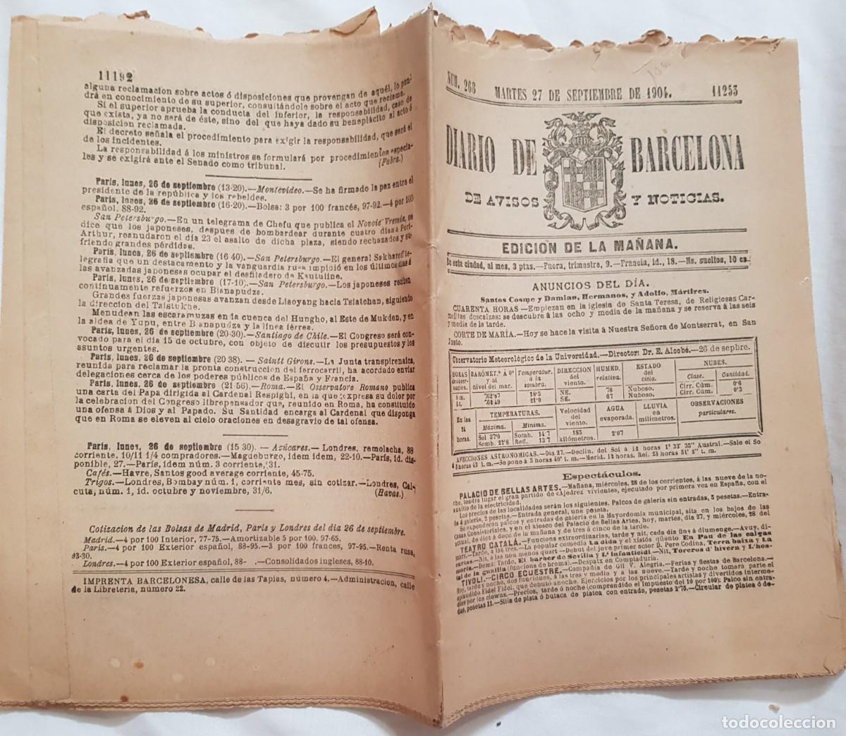 Colecionismo de Revistas e Jornais: DIARIO DE BARCELONA DE AVISOS Y NOTICIAS. N&uacute;m 268, martes 27 septiembre 1904