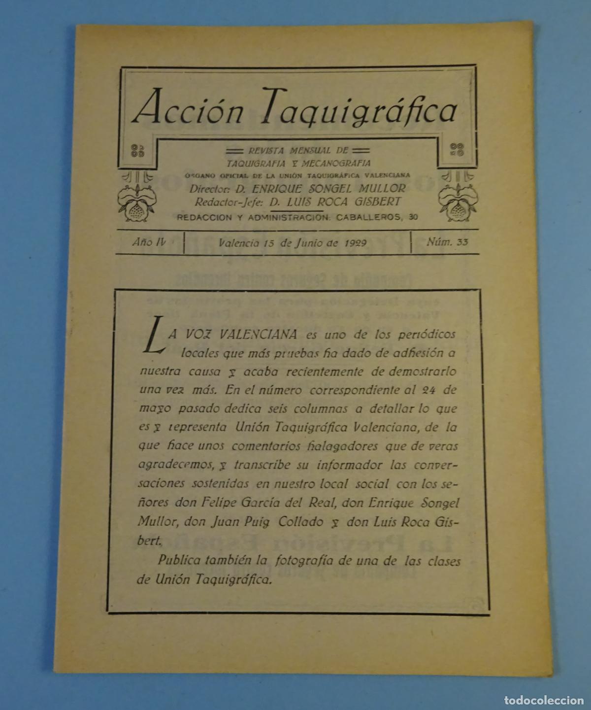 Colecionismo de Revistas e Jornais: ACCI&Oacute;N TAQUIGR&Aacute;FICA. REVISTA MENSUAL DE TAQUIGRAF&Iacute;A Y MECANOGRAF&Iacute;A. N&ordm; 33 VALENCIA 15 JUNIO 1929
