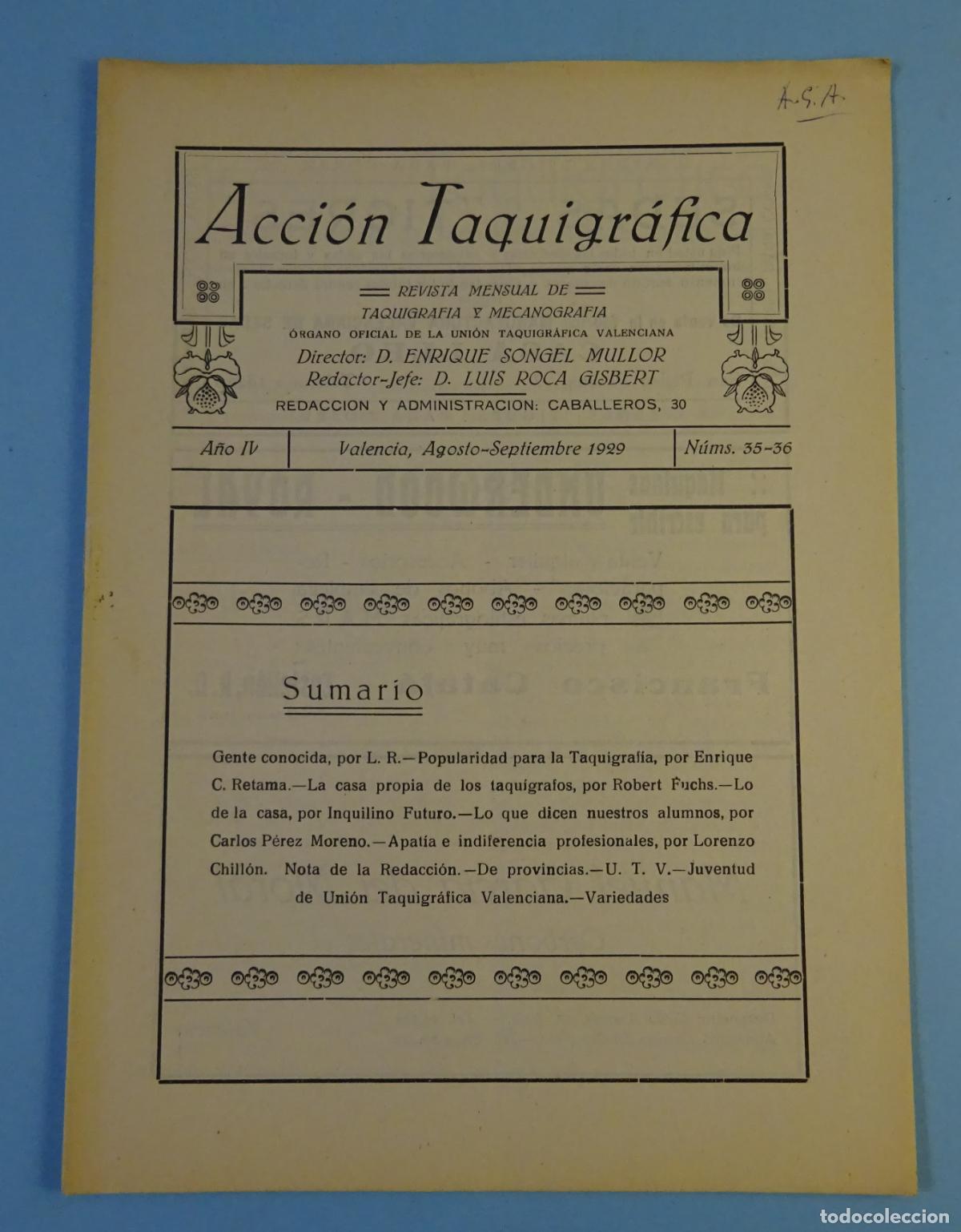 Colecionismo de Revistas e Jornais: ACCI&Oacute;N TAQUIGR&Aacute;FICA. REVISTA MENSUAL DE TAQUIGRAF&Iacute;A Y MECANOGRAF&Iacute;A. N&ordm; 35 -36 VALENCIA AGO-SEP 1929