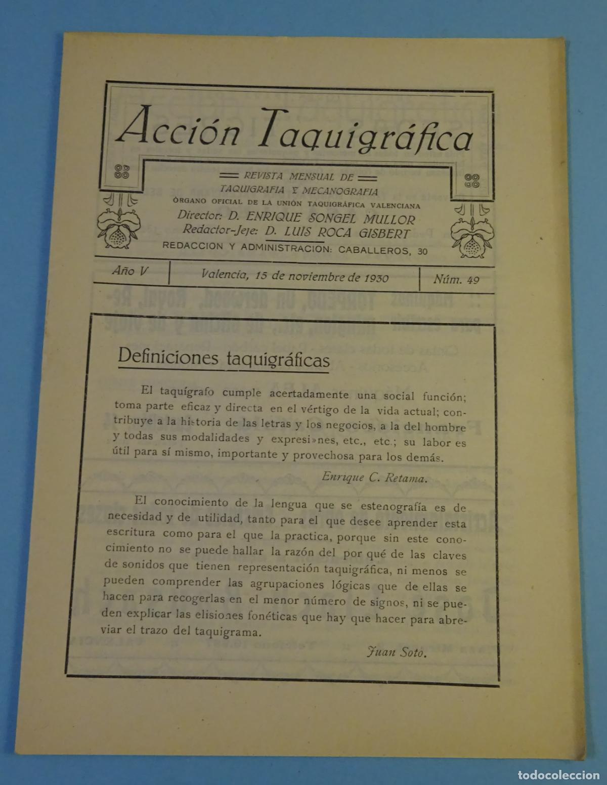 Collection Magazines and Newspapers: ACCI&Oacute;N TAQUIGR&Aacute;FICA. REVISTA MENSUAL DE TAQUIGRAF&Iacute;A Y MECANOGRAF&Iacute;A. N&ordm; 49 VALENCIA 15 NOVIEMBRE 1930