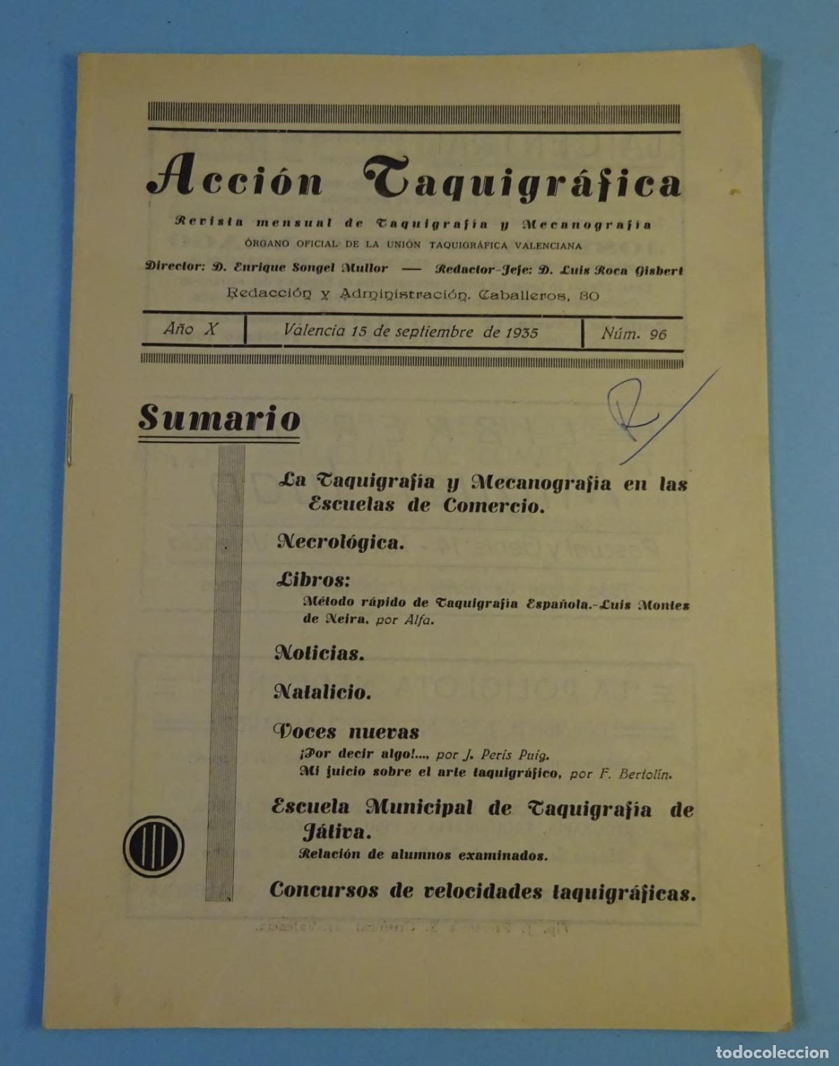 Collection Magazines and Newspapers: ACCI&Oacute;N TAQUIGR&Aacute;FICA. REVISTA MENSUAL DE TAQUIGRAF&Iacute;A Y MECANOGRAF&Iacute;A. N&ordm; 96 VALENCIA 15 SEPTIEM 1935