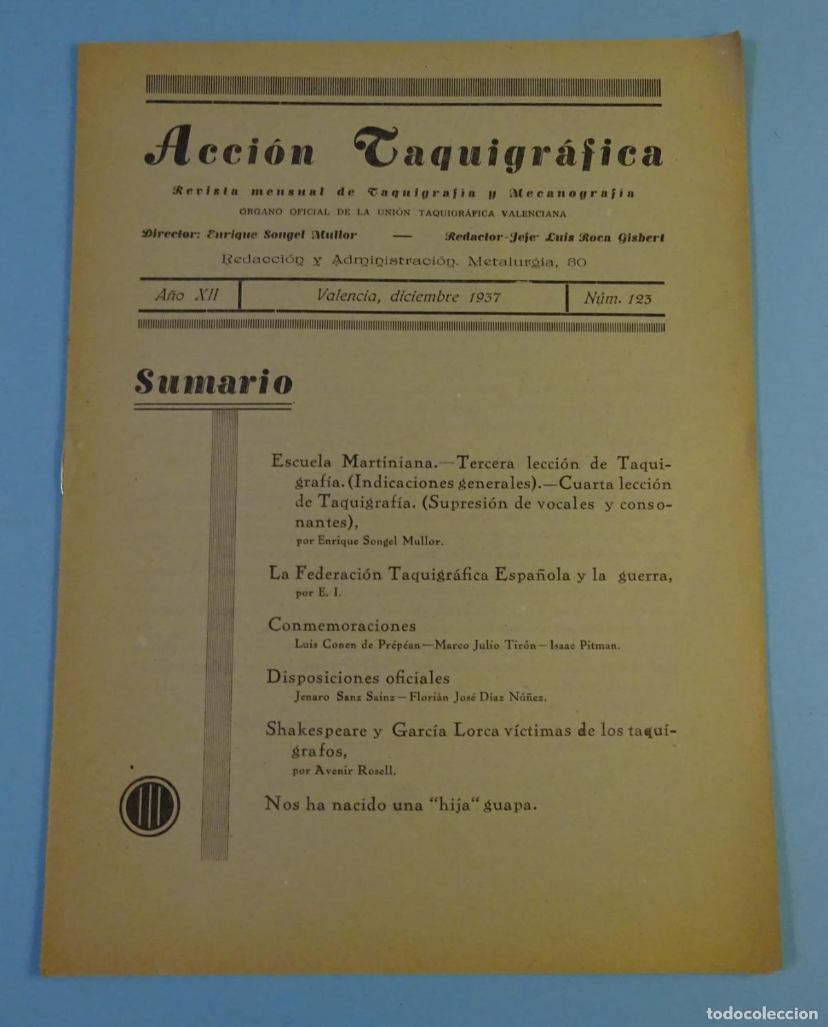 Collection Magazines and Newspapers: ACCI&Oacute;N TAQUIGR&Aacute;FICA. REVISTA MENSUAL DE TAQUIGRAF&Iacute;A Y MECANOGRAF&Iacute;A. N&ordm; 123 VALENCIA DICIEMBRE 1937