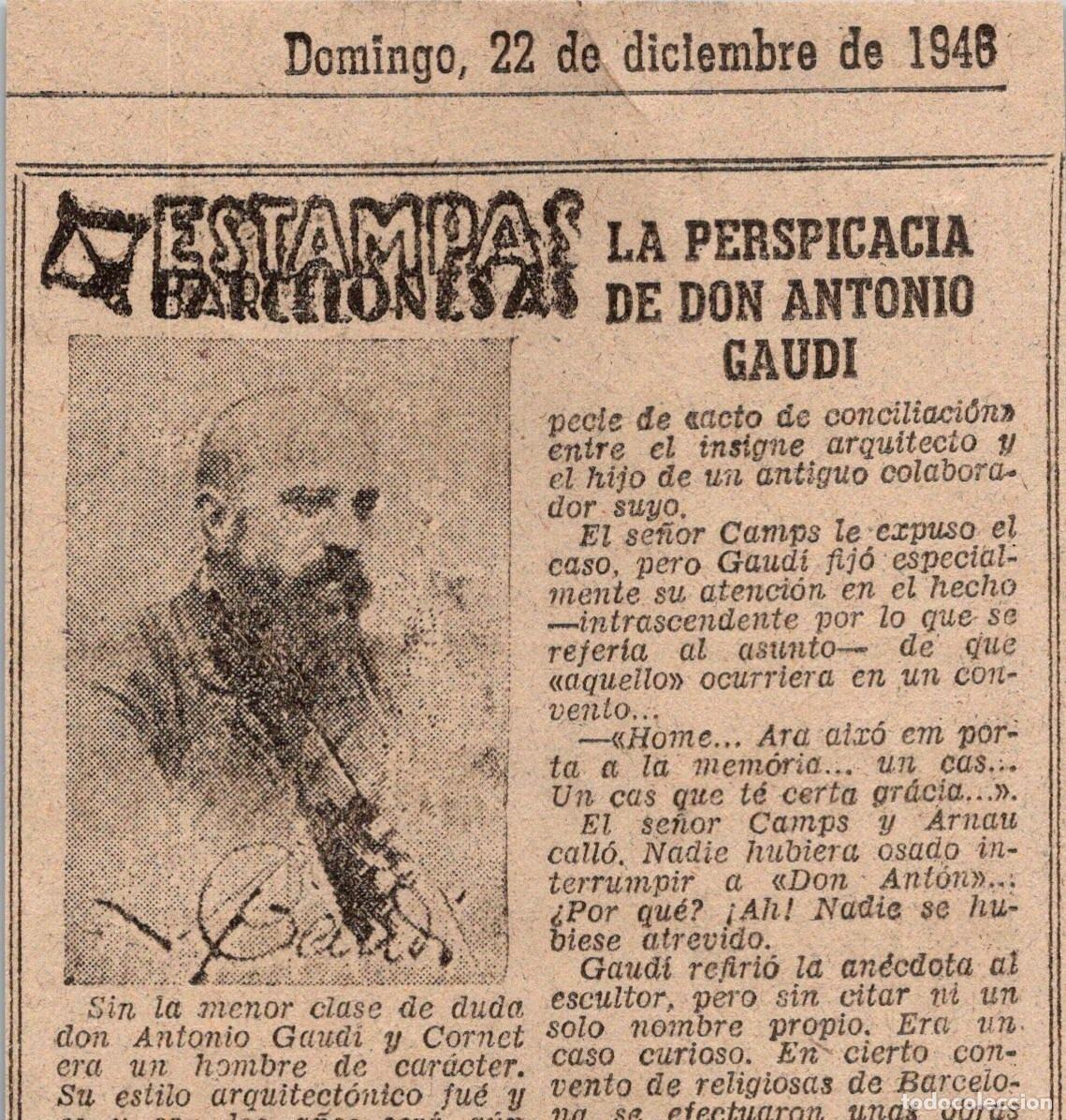 Coleccionismo de revistas y peri&oacute;dicos: La Perspicacia de Gaud&iacute; - Ricardo Su&ntilde;&eacute; - El Correo Catal&aacute;n - 22 Diciembre 1946 - Recorte - 317x97mm