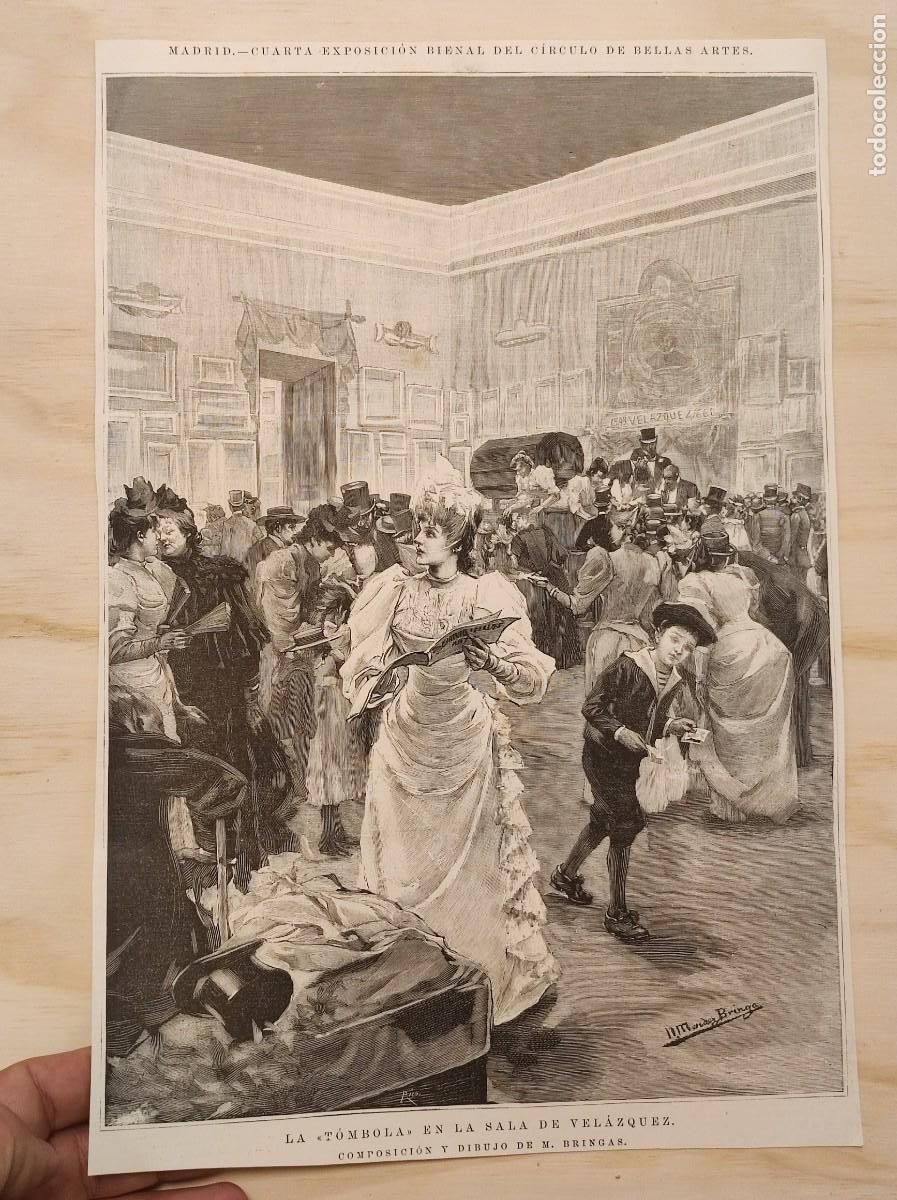 Coleccionismo de Revistas y Peri&oacute;dicos: HOJA GRABADO REVISTA ORIGINAL CIRCA 1890. LA T&Oacute;MBOLA EN LA SALA DE VELAZQUEZ, MENDEZ BRINGA