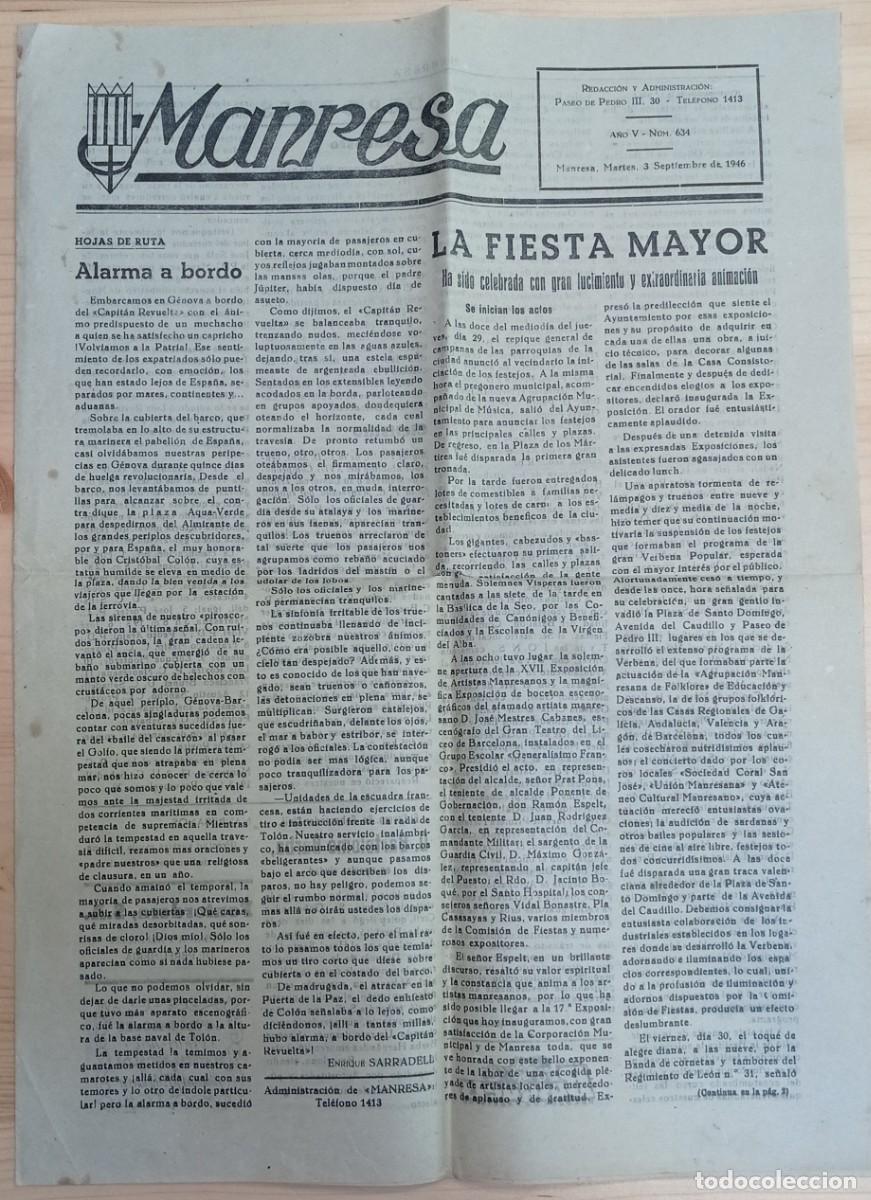 Coleccionismo de Revistas y Peri&oacute;dicos: Diari de Manresa - A&ntilde;o V - N&uacute;m. 634 - Martes 3 Septiembre de 1946 - 4 P&aacute;ginas - Fiesta Mayor