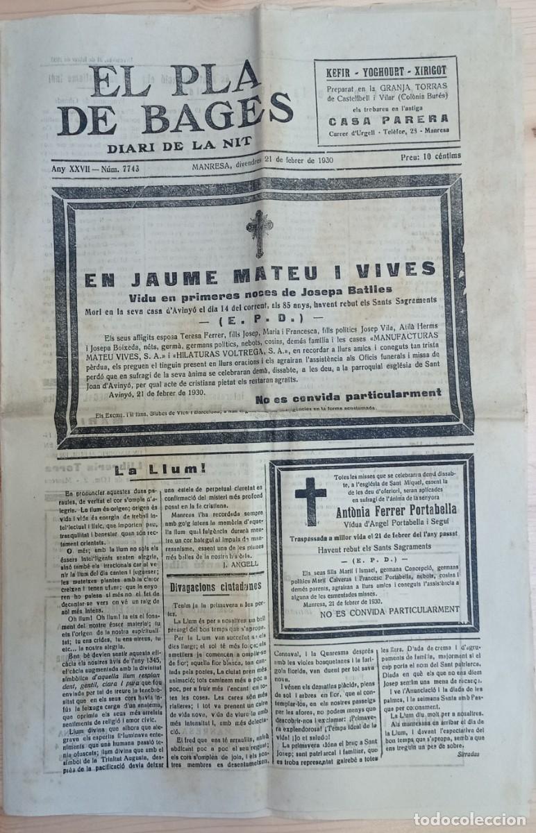Coleccionismo de revistas y peri&oacute;dicos: El Pla del Bages - Diari de la Nit - Any XXVII - N&uacute;m. 7743 - 21 de febrer de 1930 - 8 P&agrave;gines