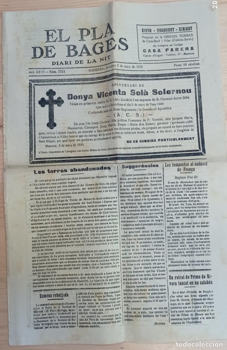 Coleccionismo de revistas y peri&oacute;dicos: El Pla del Bages - Diari de la Nit - Any XXVII - N&uacute;m. 7753 - 5 de mar&ccedil; de 1930 - 8 P&agrave;gines