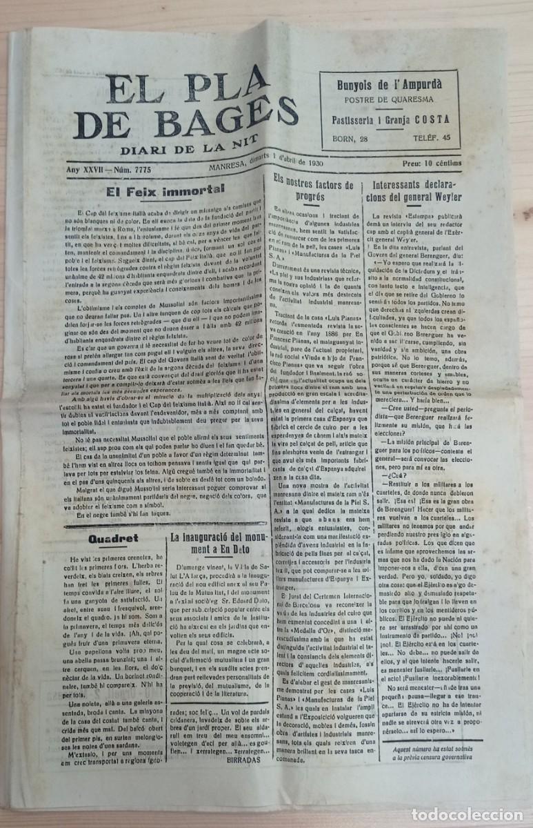 Coleccionismo de revistas y peri&oacute;dicos: El Pla del Bages - Diari de la Nit - Any XXVII - N&uacute;m. 7775 - 1 d'abril de 1930 - 8 P&agrave;gines