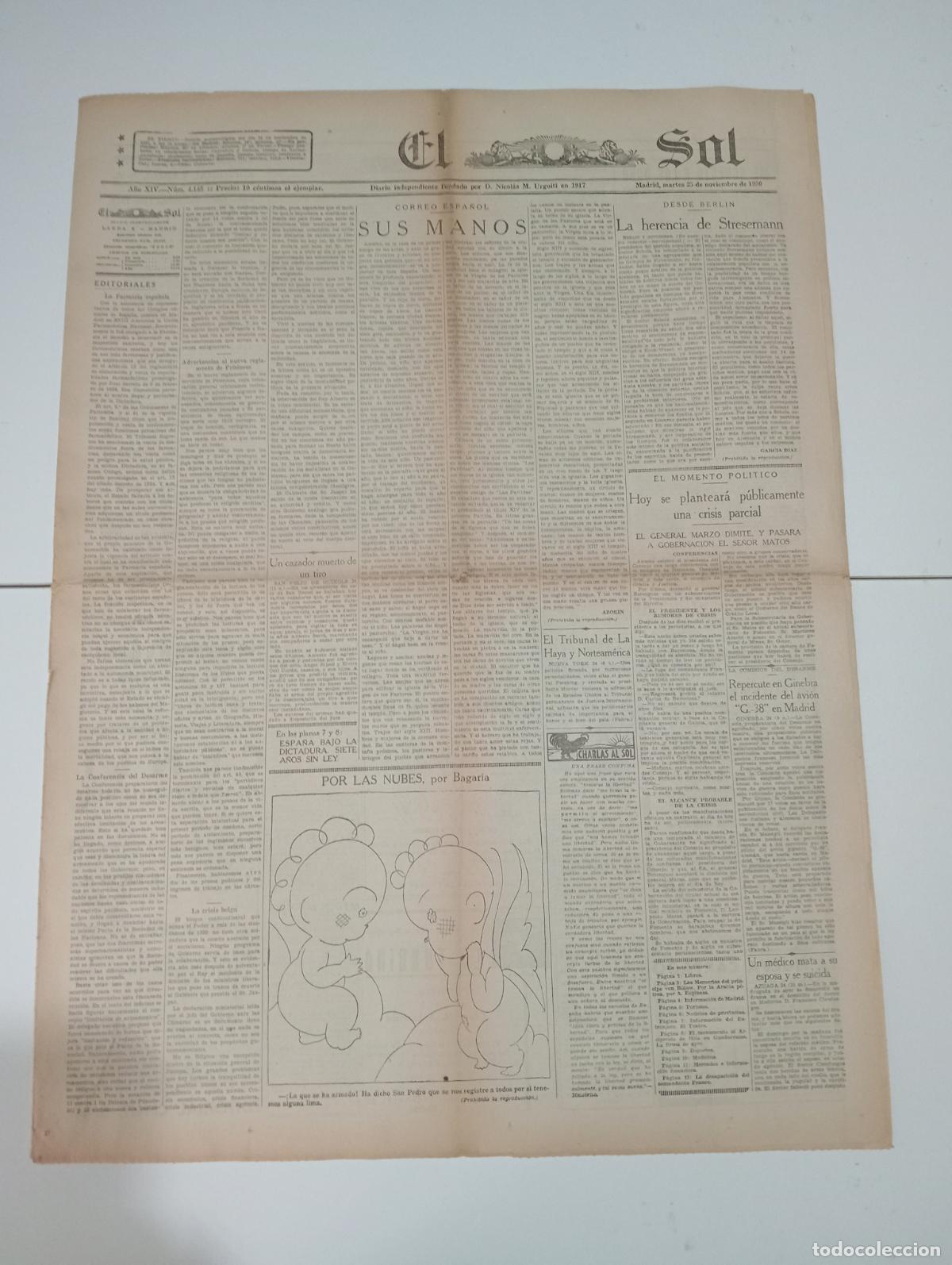 Sammeln von Zeitschriften und Zeitungen: EL SOL. DIARIO INDEPENDIENTE. N&ordm; 4145. A&Ntilde;O XIV. 25 NOVIEMBRE 1930. LA HERENCIA DE STRESEMANN. LEER.