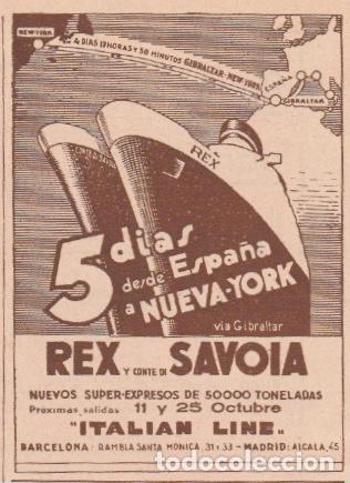 Coleccionismo de revistas y peri&oacute;dicos: Publicidad l&iacute;neas de navegaci&oacute;n ITALIAN LINE, super expresos REX y CONTE DE SAVOIA -1935