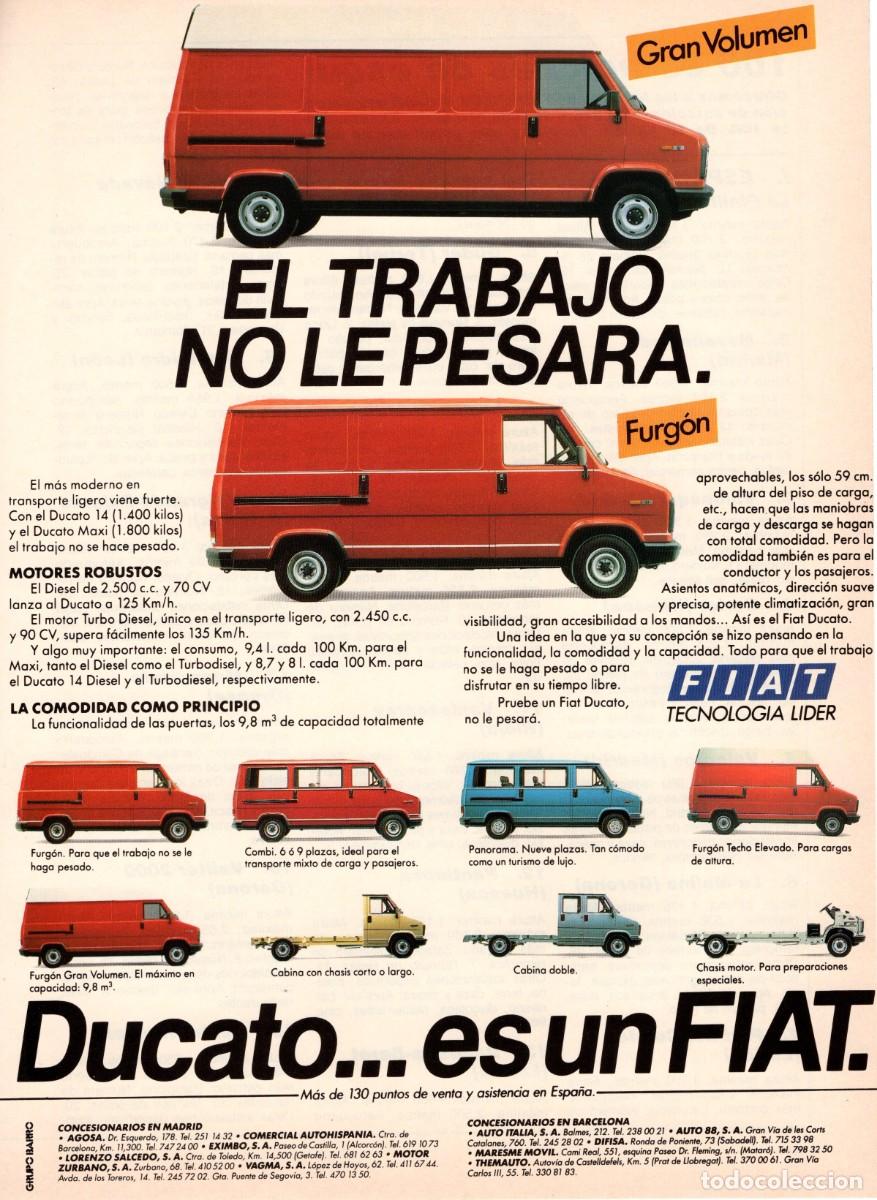 Coleccionismo de Revistas y Peri&oacute;dicos: Hoja Publicidad. Revista Viajar. DUCATO Fiat. Gran volumen. El trabajo no le pesara. 1986.
