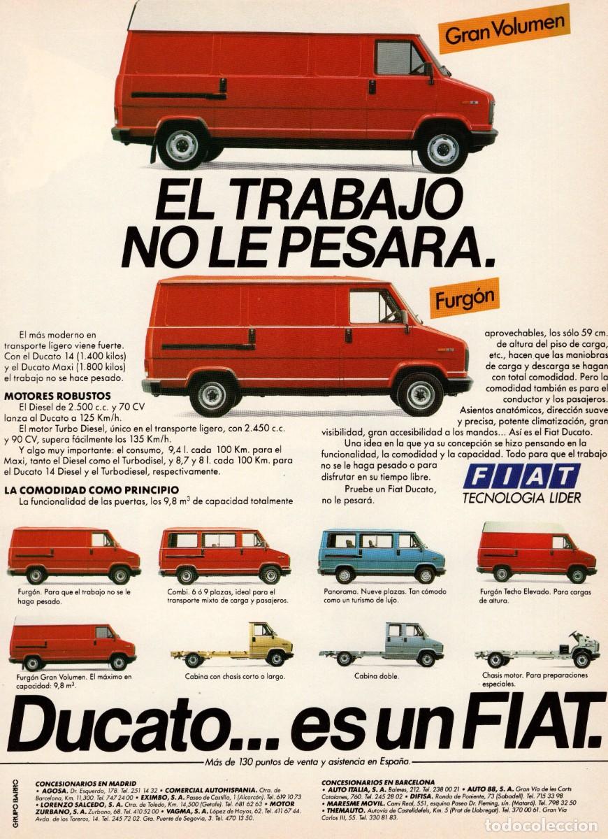 Coleccionismo de Revistas y Peri&oacute;dicos: Hoja Publicidad. Revista Viajar. DUCATO Fiat. Gran volumen. El trabajo no le pesara. 1986.