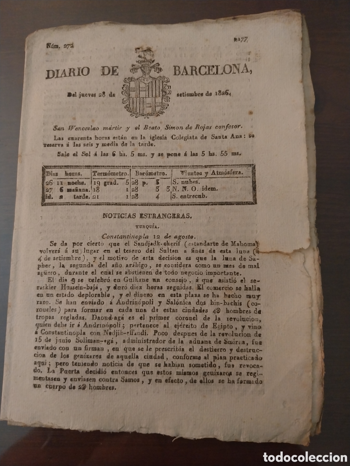 Sammeln von Zeitschriften und Zeitungen: DIARIO DE BARCELONA A&Ntilde;O 1826 REFRIEGA EN LEGANES ENTRE SOLDADOS Y PAISANOS