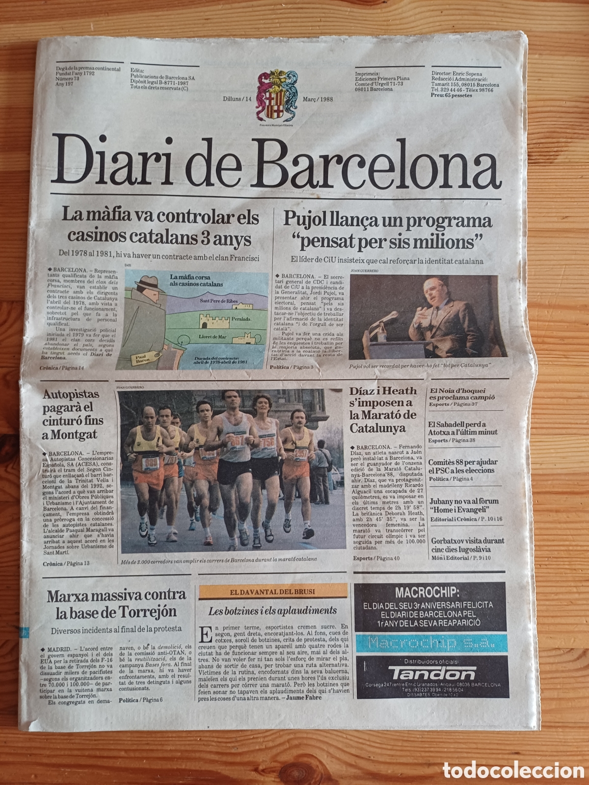 Coleccionismo de Revistas y Peri&oacute;dicos: Diari de Barcelona 14 Mar&ccedil; 1988 Jordi Pujol Identita Catalana Marat&oacute; Catalunya Anti Otan Torrejon