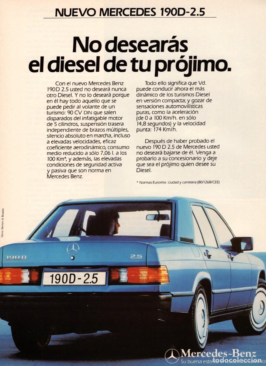 Coleccionismo de revistas y peri&oacute;dicos: Hoja Publicidad. Revista Viajar. MERCEDES 190D-2,5. No desearas el diesel de tu projimo. 1986.