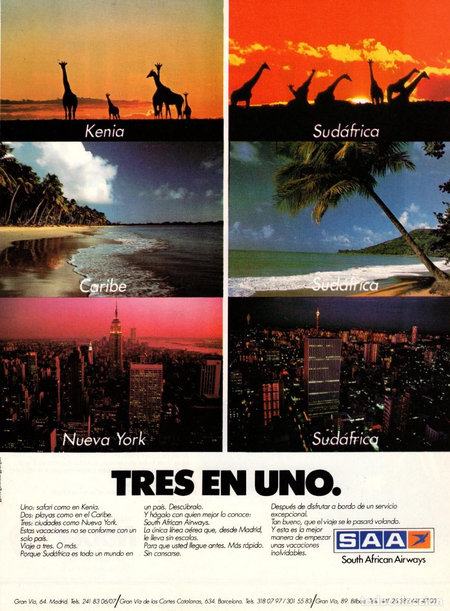Coleccionismo de revistas y peri&oacute;dicos: Hoja Publicidad. Revista Viajar. SAA. L&iacute;neas a&eacute;reas sudafricanas. Tres en uno. 1985.