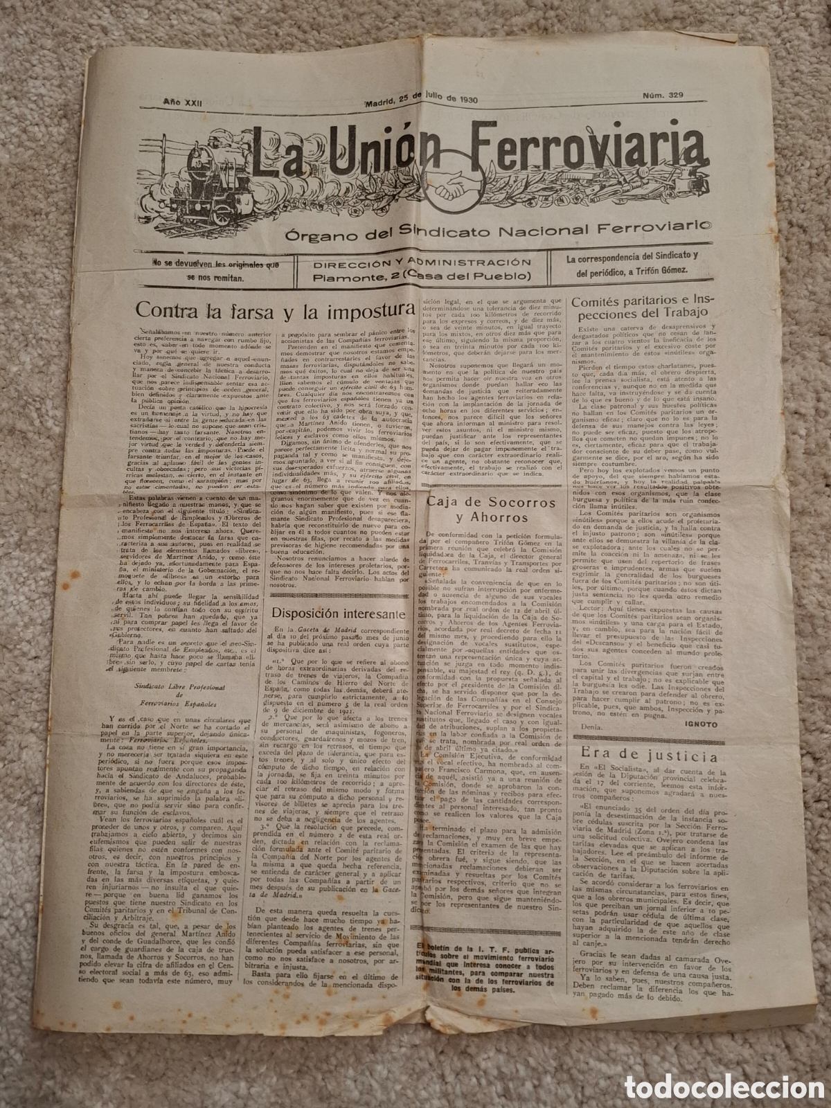 Coleccionismo de Revistas y Peri&oacute;dicos: La Uni&oacute;n Ferroviaria, &Oacute;rgano del Sindicato Nacional Ferroviario UGT, 25/julio/1930