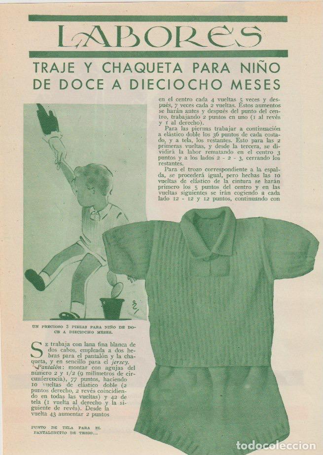 Coleccionismo de revistas y peri&oacute;dicos: * LABORES * Traje y chaqueta para ni&ntilde;o de doce a dieciocho meses - 1935