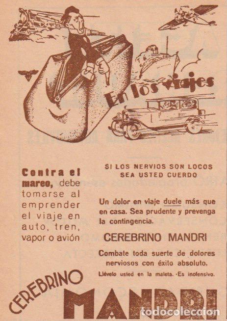 Coleccionismo de revistas y peri&oacute;dicos: Publicidad farmacia: Cerebrino Mandri contra el mareo - 1935