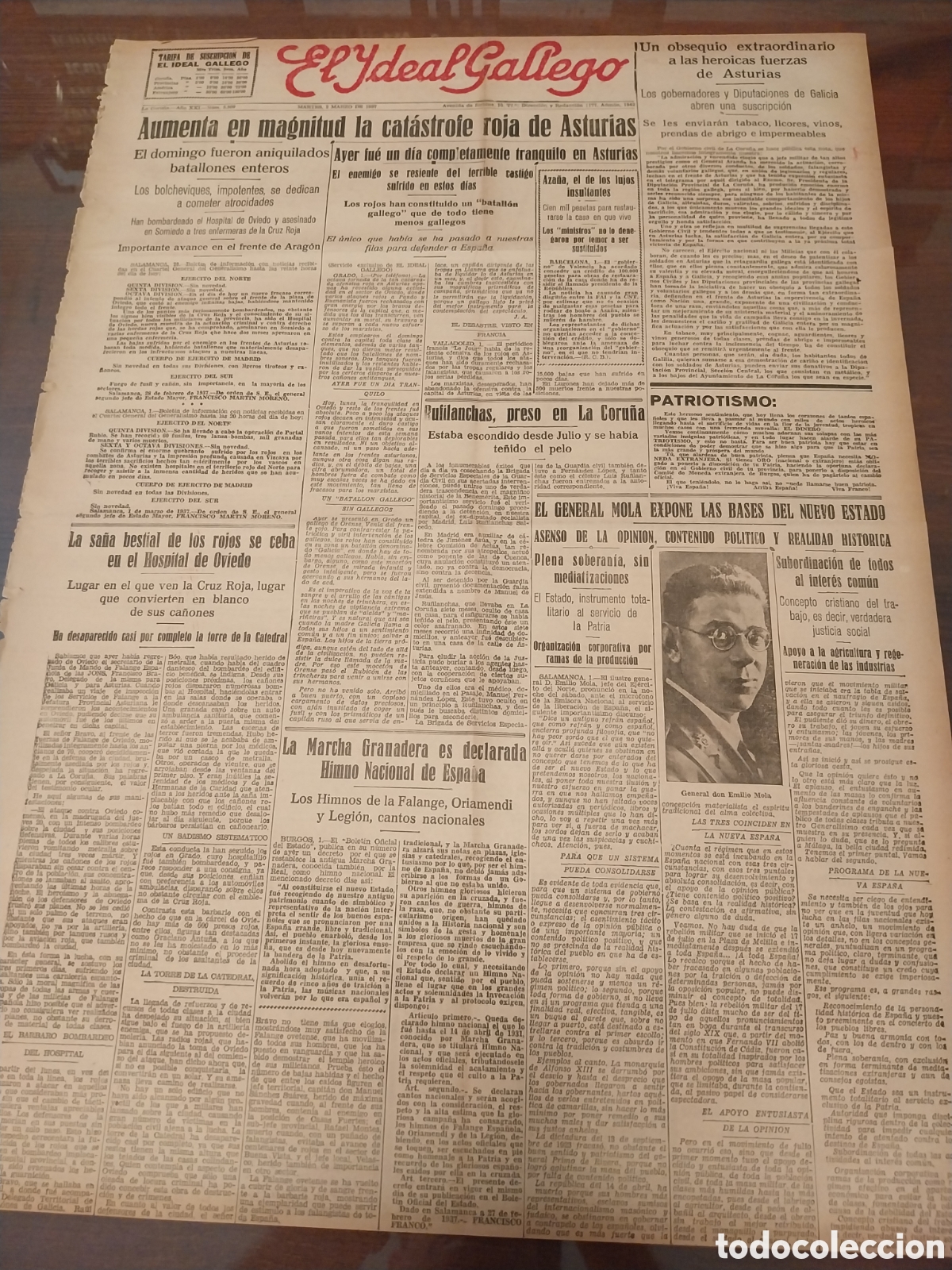 Sammeln von Zeitschriften und Zeitungen: PERIODICO 1937 AUMENTA EN MAGNITUD LA CAT&Aacute;STROFE ROJA DE ASTURIAS. HUELLAS BARBARIE ROJA EN M&Aacute;LAGA