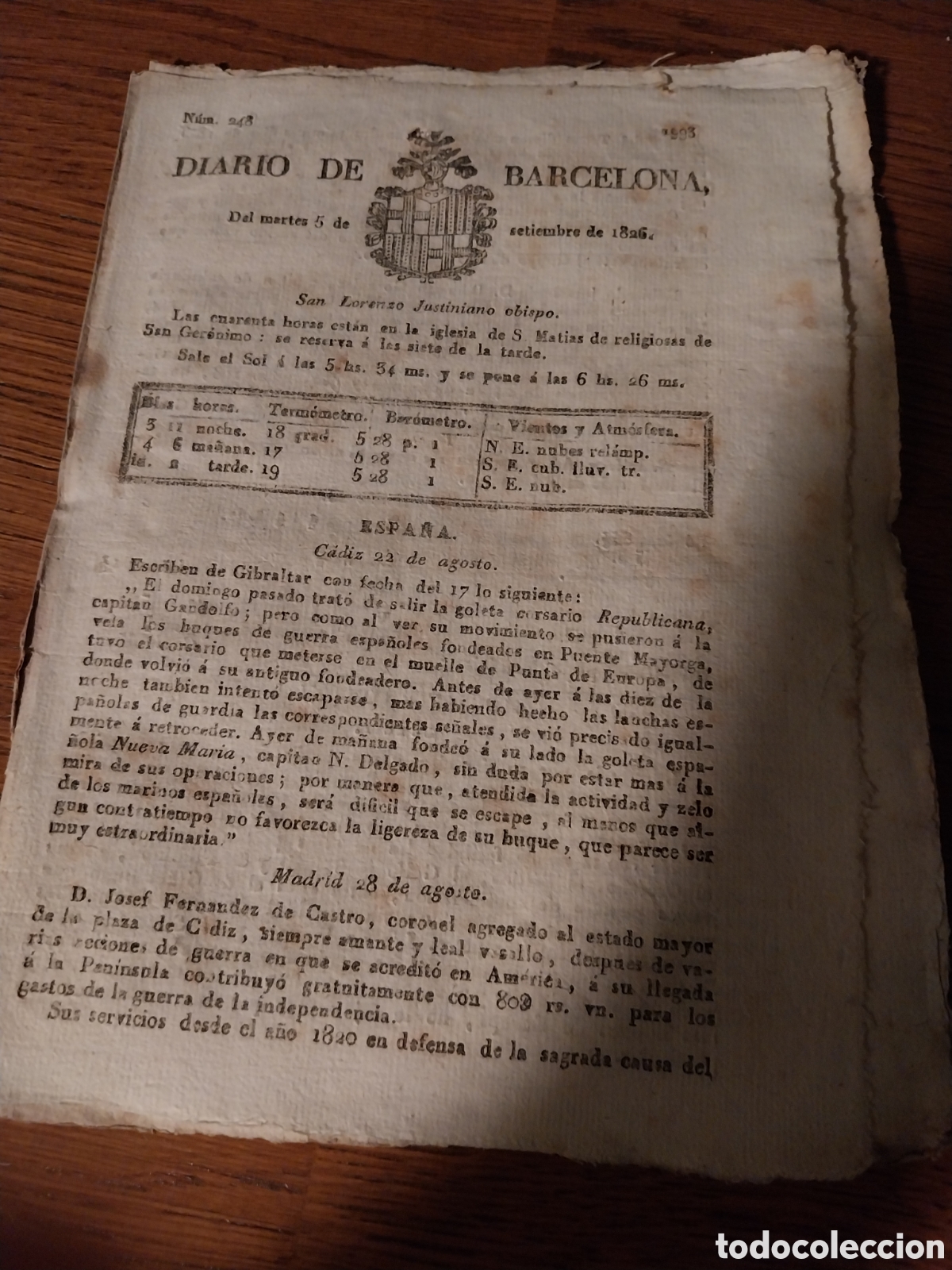 Coleccionismo de Revistas y Peri&oacute;dicos: PERIODICO 1826 GEOGRAF&Iacute;A COMERCIAL DE SUECIA. INTENTOS ESCAPADA GOLETA CORSARIO DEL CAPITAN GANDOLFO
