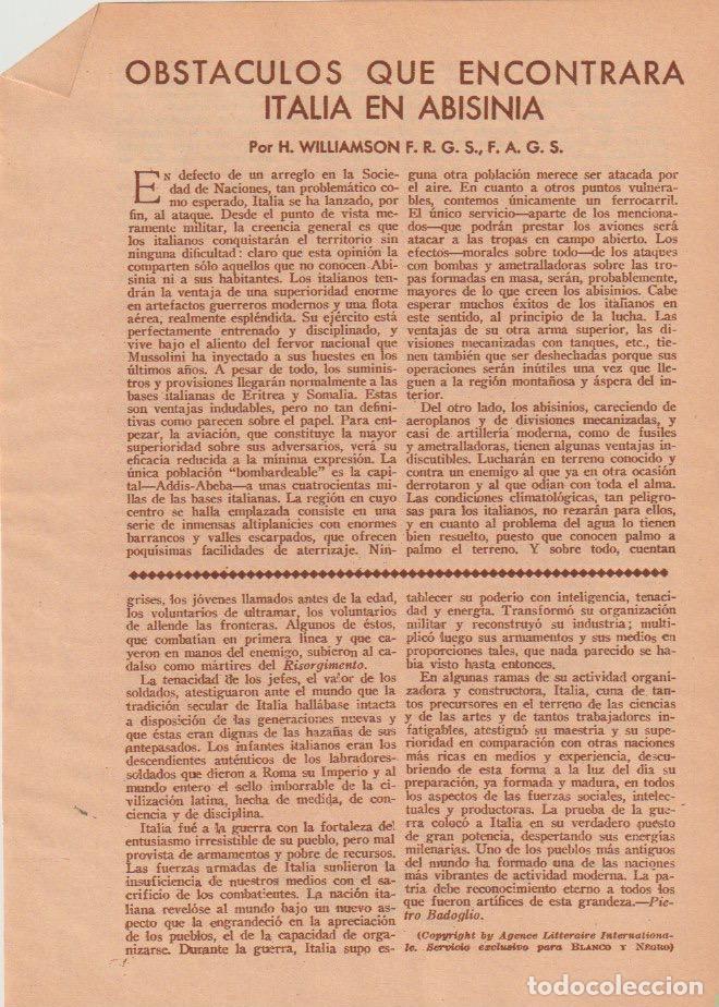 Coleccionismo de revistas y peri&oacute;dicos: * ETIOP&Iacute;A * Obst&aacute;culos que encontrar&aacute; Italia en Abisinia / H. Williamson - 1935