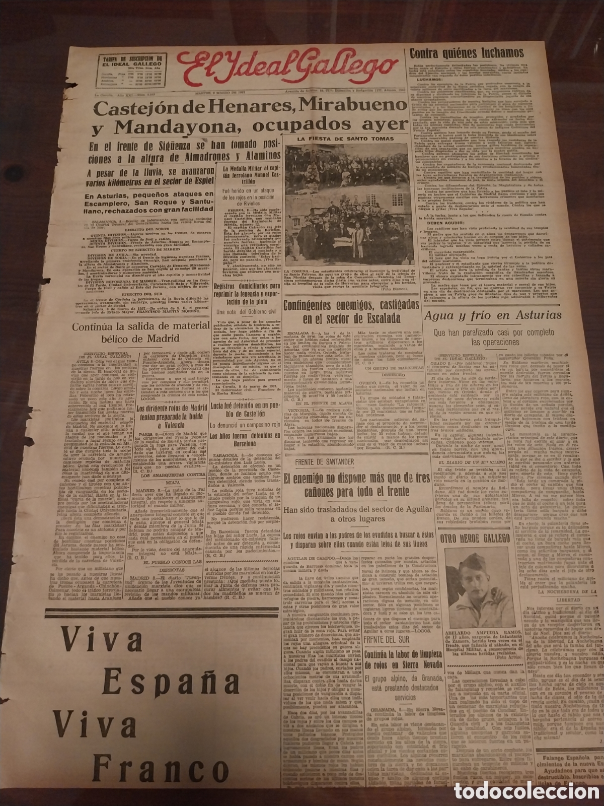 Collectionnisme de Revues et Journaux: PERIODICO 1937 CASTEJON DE HENARES MIRABUENO Y MANSAYONA OCUPADOS AYER. MILLAN ASTRAY HABLO A LAS MU