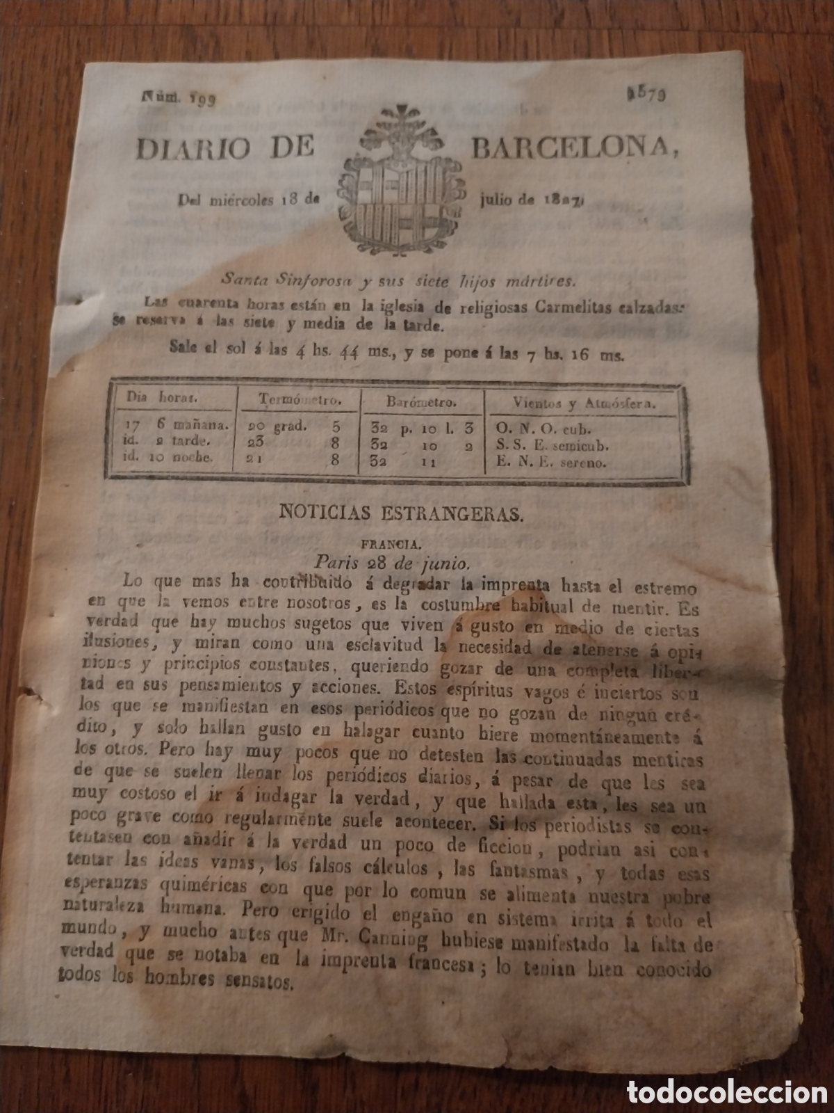 Collection Magazines and Newspapers: PERIODICO 1827 FRANCIA DA LA ORDEN DE ABANDONAR ARGEL. SONATA DE SIXTO PEREZ NATURAL DE CADIZ