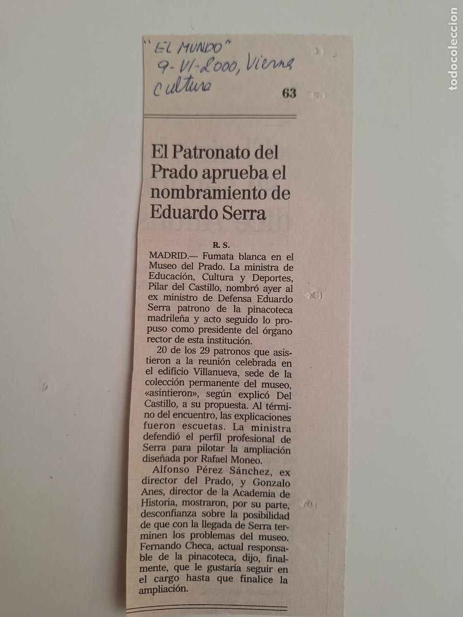 Coleccionismo de Revistas y Peri&oacute;dicos: Nombramiento Eduardo Serra Patronato Museo Nacional del Prado El Mundo 2000