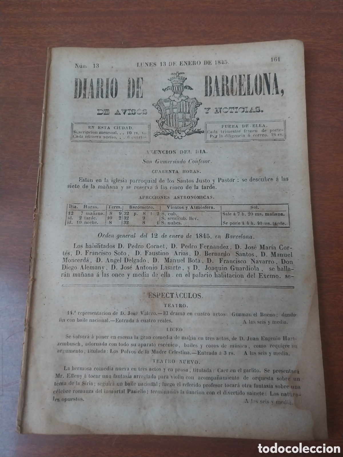 Collection Magazines and Newspapers: PERIODICO 1845 ESPECT&Aacute;CULOS SUBASTAS LITERATURA FUNCIONES DE IGLESIA CORTES NOTICIAS EXTRANJERAS