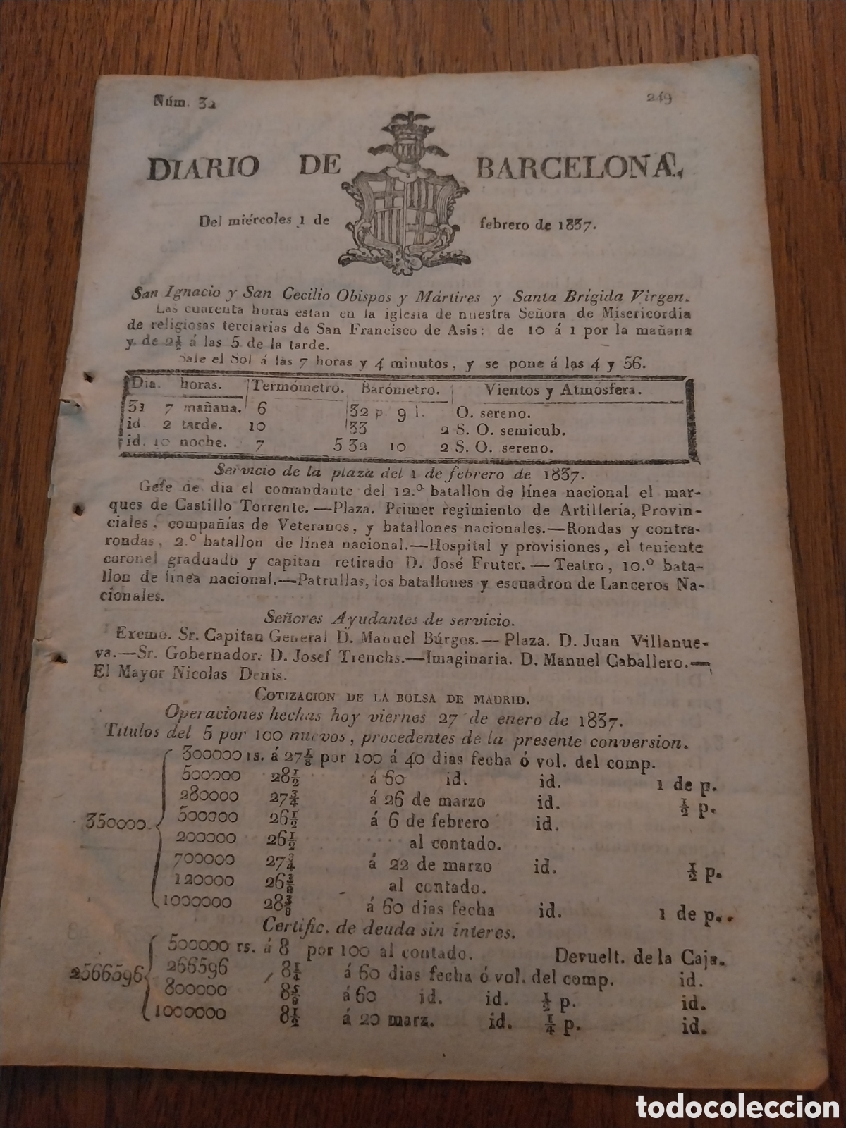 Collection Magazines and Newspapers: DIARIO DE BARCELONA DEL 1 FEBRERO 1837 . COTIZACI&Oacute;N BOLSA DE MADRID