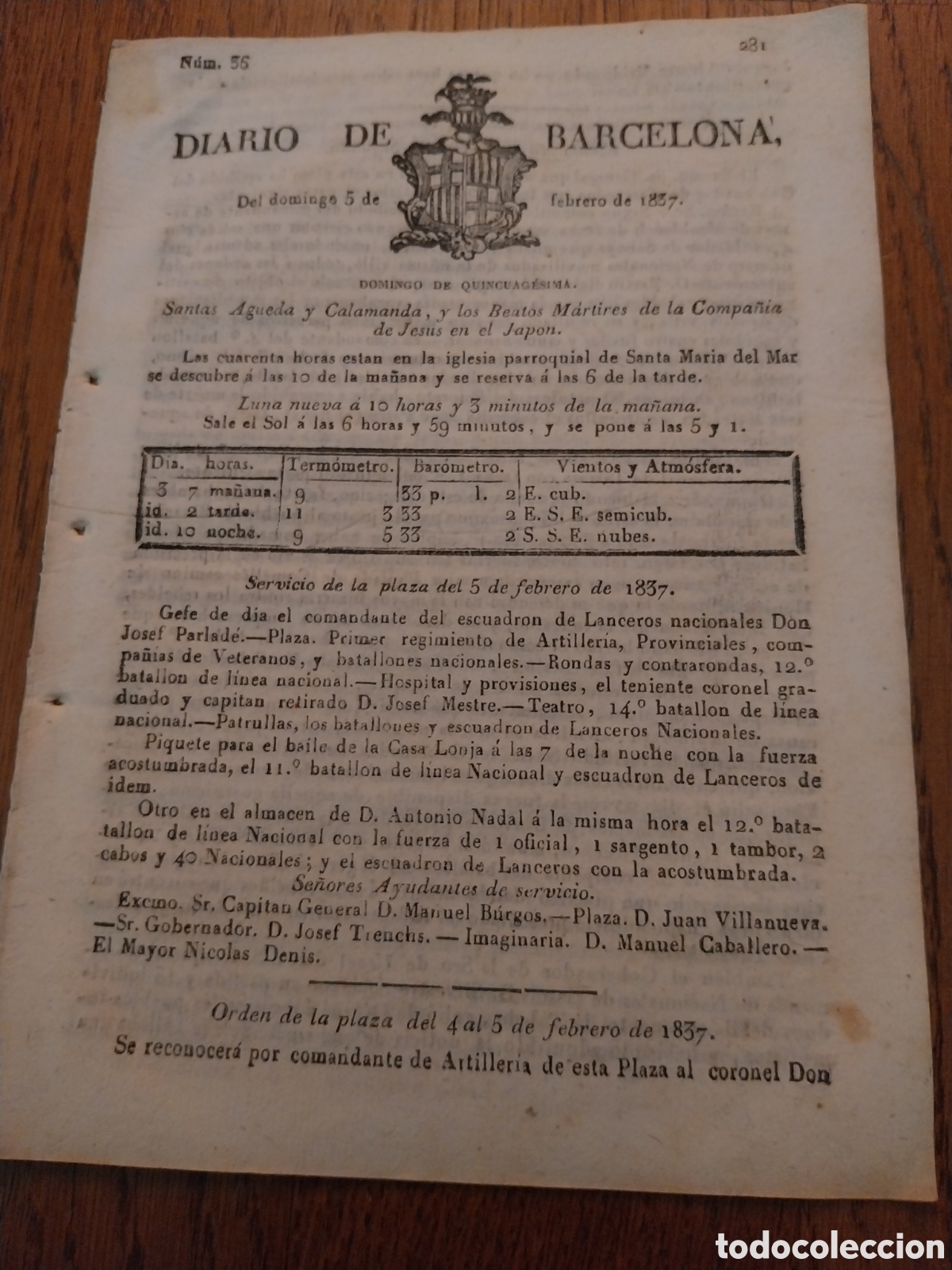 Collection Magazines and Newspapers: DIARIO DE BARCELONA 5 FEBRERO 1837 . 1&deg; GUERRA CARLISTA . FACCION DEL PEINADO EN CHELVA VALENCIA