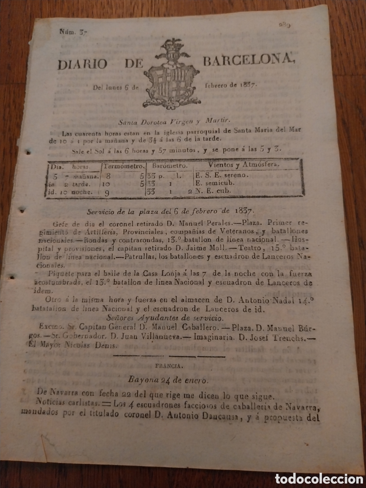 Sammeln von Zeitschriften und Zeitungen: DIARIO DE BARCELONA 1837 .1&deg; GUERRA CARLISTA . GENERAL ITURRALDE PRISIONERO Y MUERTE EN CARCEL