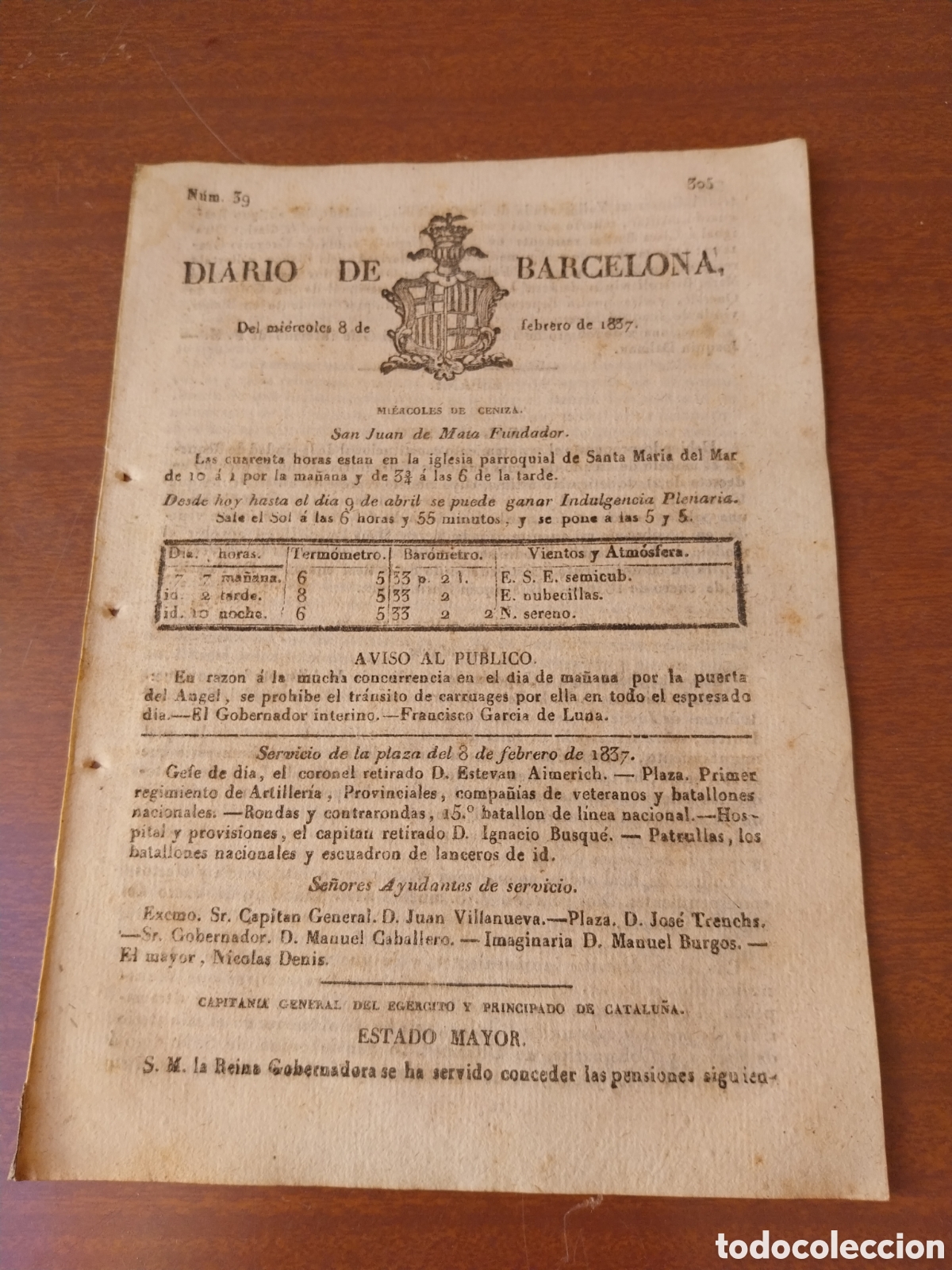 Collection Magazines and Newspapers: DIARIO DE BARCELONA 1837 . REAL DECRETO. CIUDAD DE REQUENA ESCUDO DE ARMAS