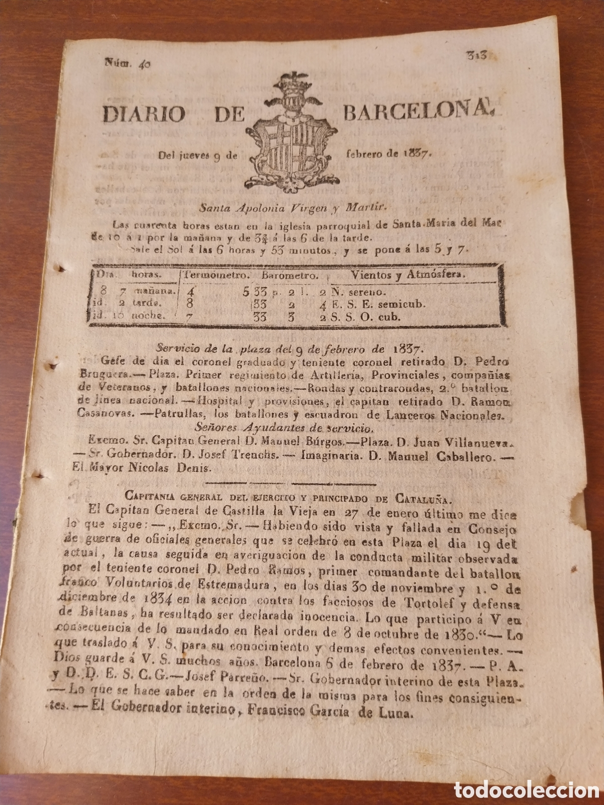 Collection Magazines and Newspapers: DIARIO BARCELONA 1837. I&deg; GUERRA CARLISTA. REAL DECRETO URGENTE CUERPO ESTADO MAYOR CONTRA REBELDES