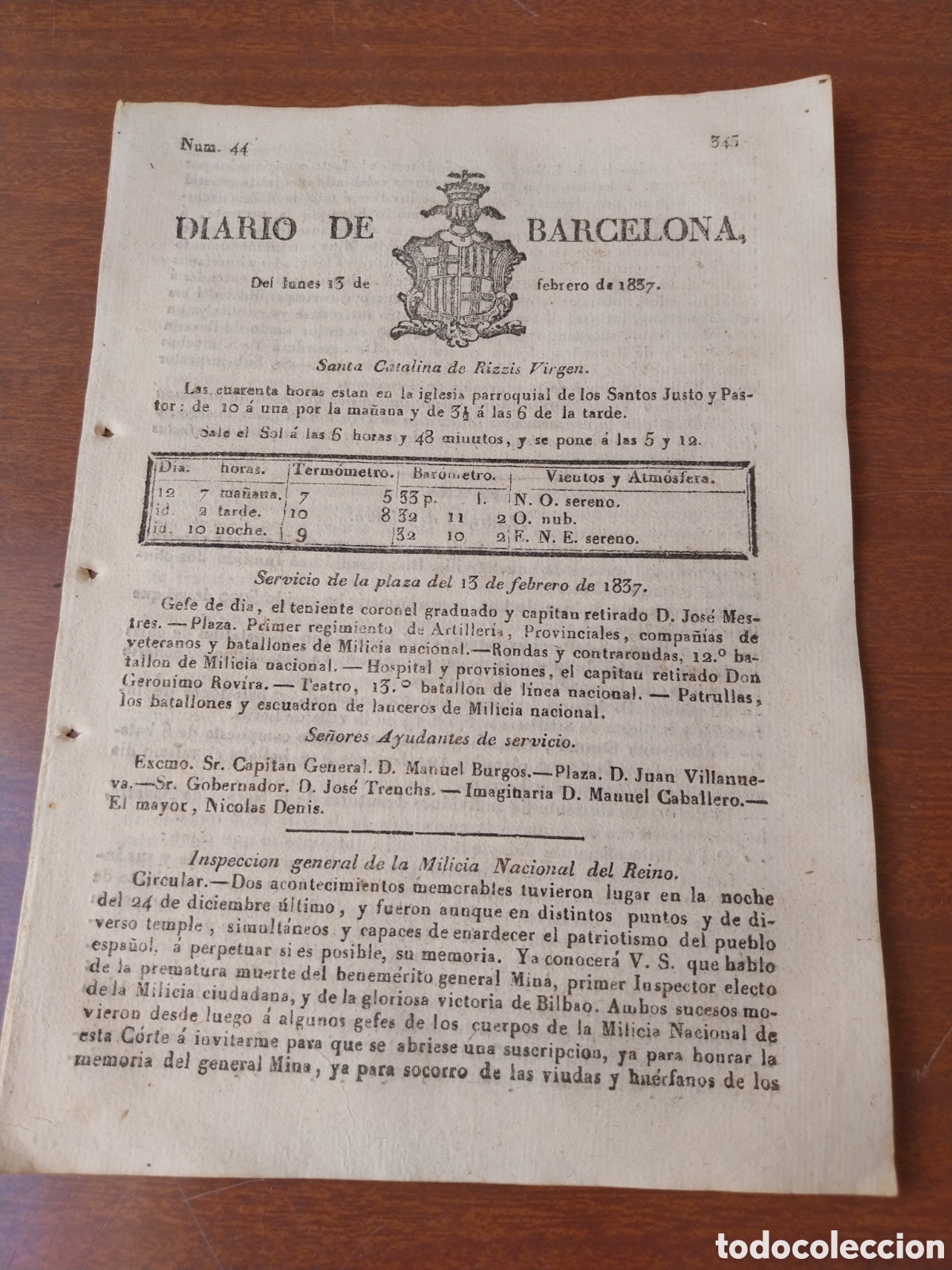 Collection Magazines and Newspapers: DIARIO DE BARCELONA 1837 SUSCRIPCION VIUDAS Y HU&Eacute;RFANOS HEROES DE BILBAO. FACCIOSOS EN IRUN