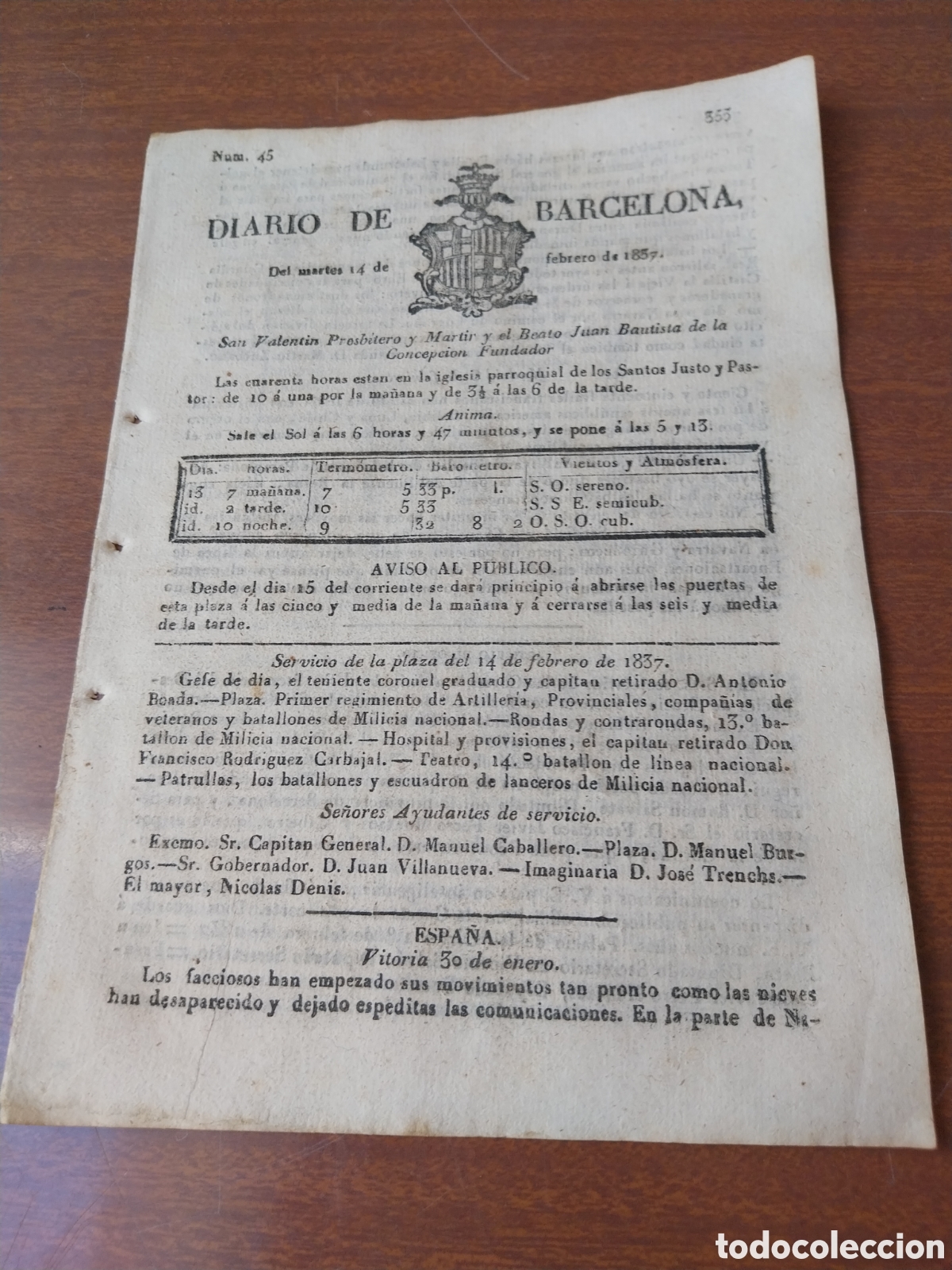 Collection Magazines and Newspapers: DIARIO DE BARCELONA 1837. I&deg; GUERRA CARLISTA. ESTELLA LABORUNDA MIRANDA DE EBRO LOGRO&Ntilde;O DURANGO .