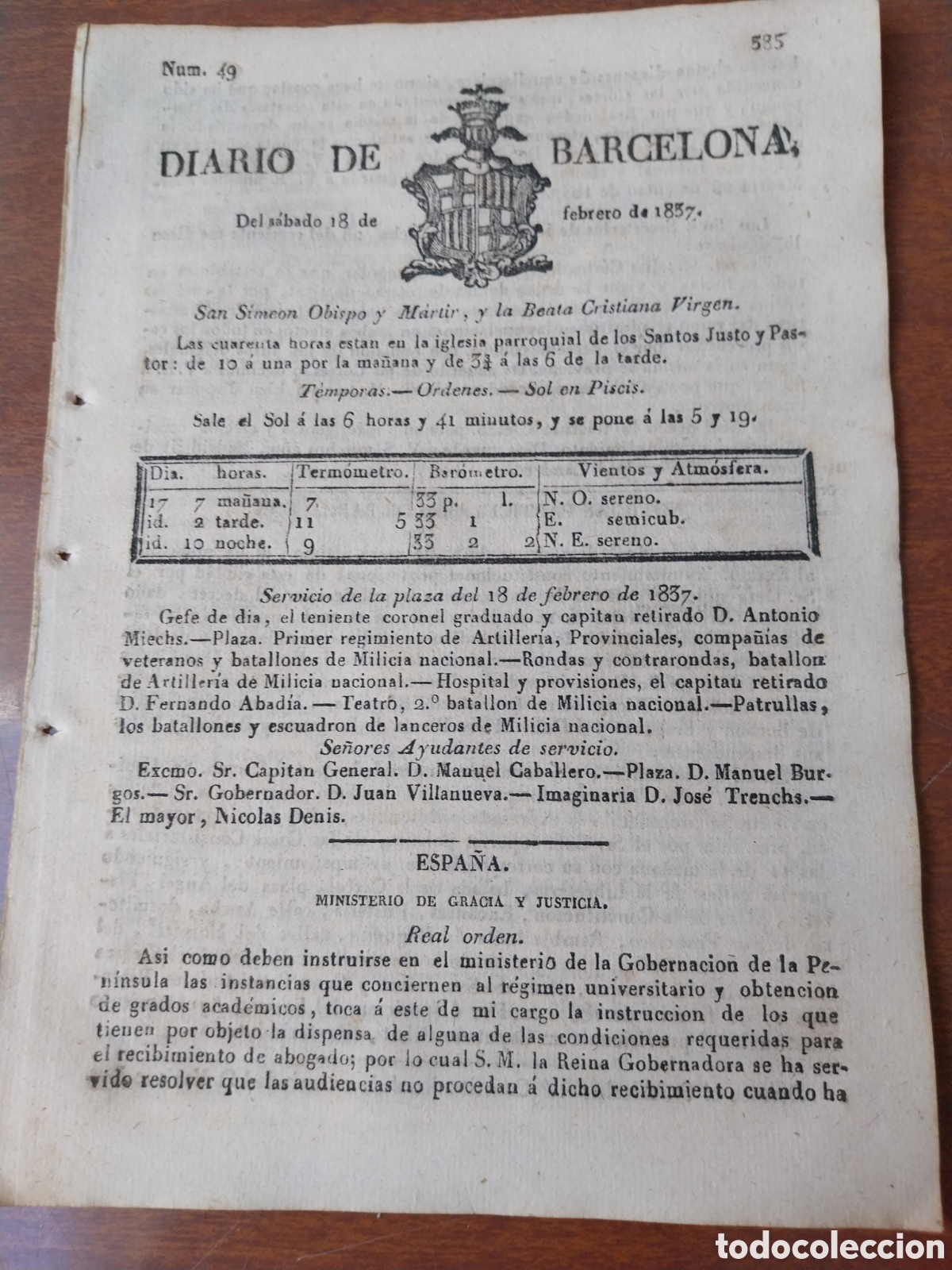 Collection Magazines and Newspapers: DIARIO DE BARCELONA 1837. RELACION ARRIENDOS IMPUESTOS DE ESCUSADO Y NOVENO PUEBLOS Y PARROQUIAS