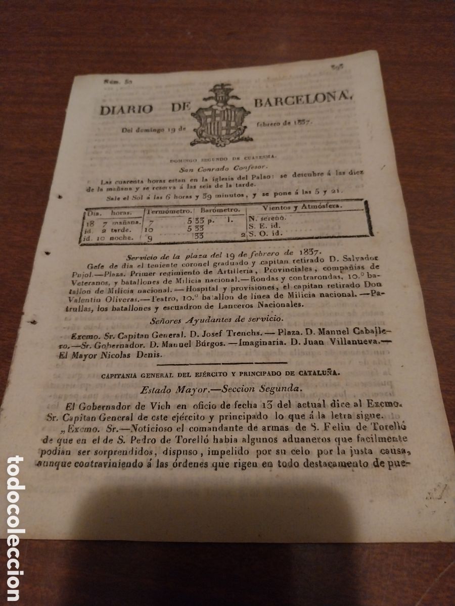 Collection Magazines and Newspapers: DIARIO DE BARCELONA 1837 1&deg; GUERRA CARLISTA.MUERTOS EN S.PEDRO DE TORELLO POR LA FACCION DE ZORRILLA