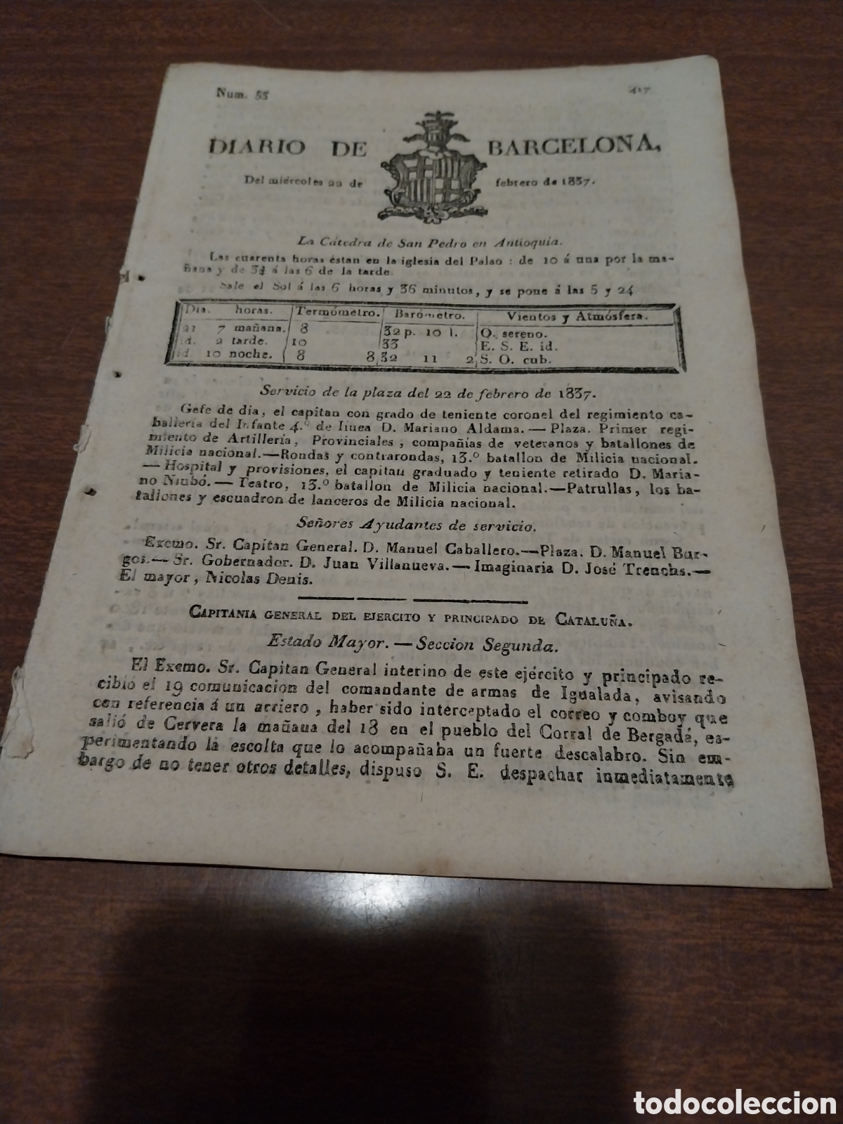 Collection Magazines and Newspapers: DIARIO DE BARCELONA 1837. 1&deg; GUERRA CARLISTA. ARTILLER&Iacute;A EN EL PUENTE DE BEHOVIA PARA ATACAR IRUN.