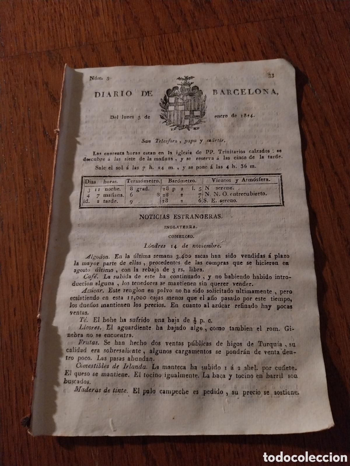 Collection Magazines and Newspapers: DIARIO DE BARCELONA 1824 DECRETO QUE ESTABLECE REGLAS SOBRE LA SEPARACI&Oacute;N Y REPOSICI&Oacute;N DE EMPLEADOS